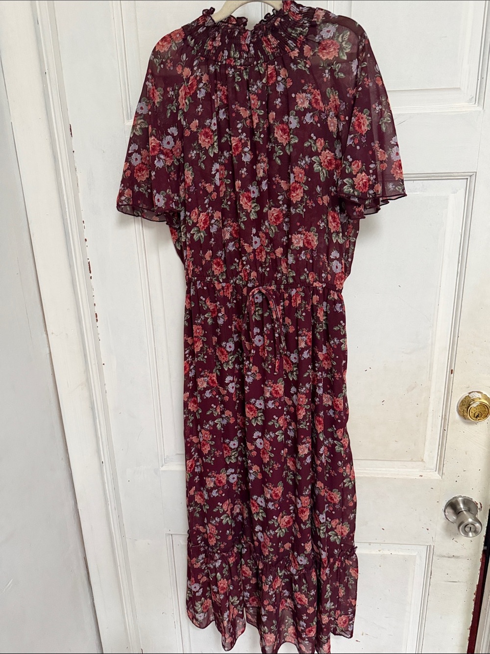 Stella and Julie Burgundy Floral Maxi Dress with Smocked Neck and Tie Waist- 4